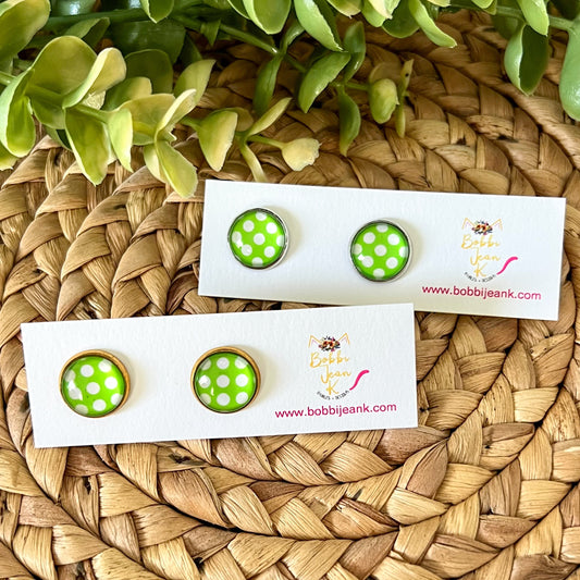 SALE: Bright Green Polka Dotted Glass Studs 12mm: Choose Silver or Gold Settings - ONLY 2 LEFT