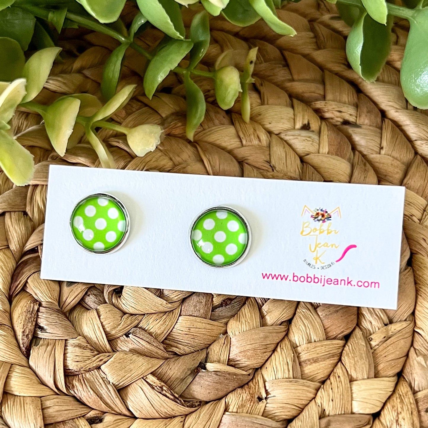SALE: Bright Green Polka Dotted Glass Studs 12mm: Choose Silver or Gold Settings - ONLY 2 LEFT