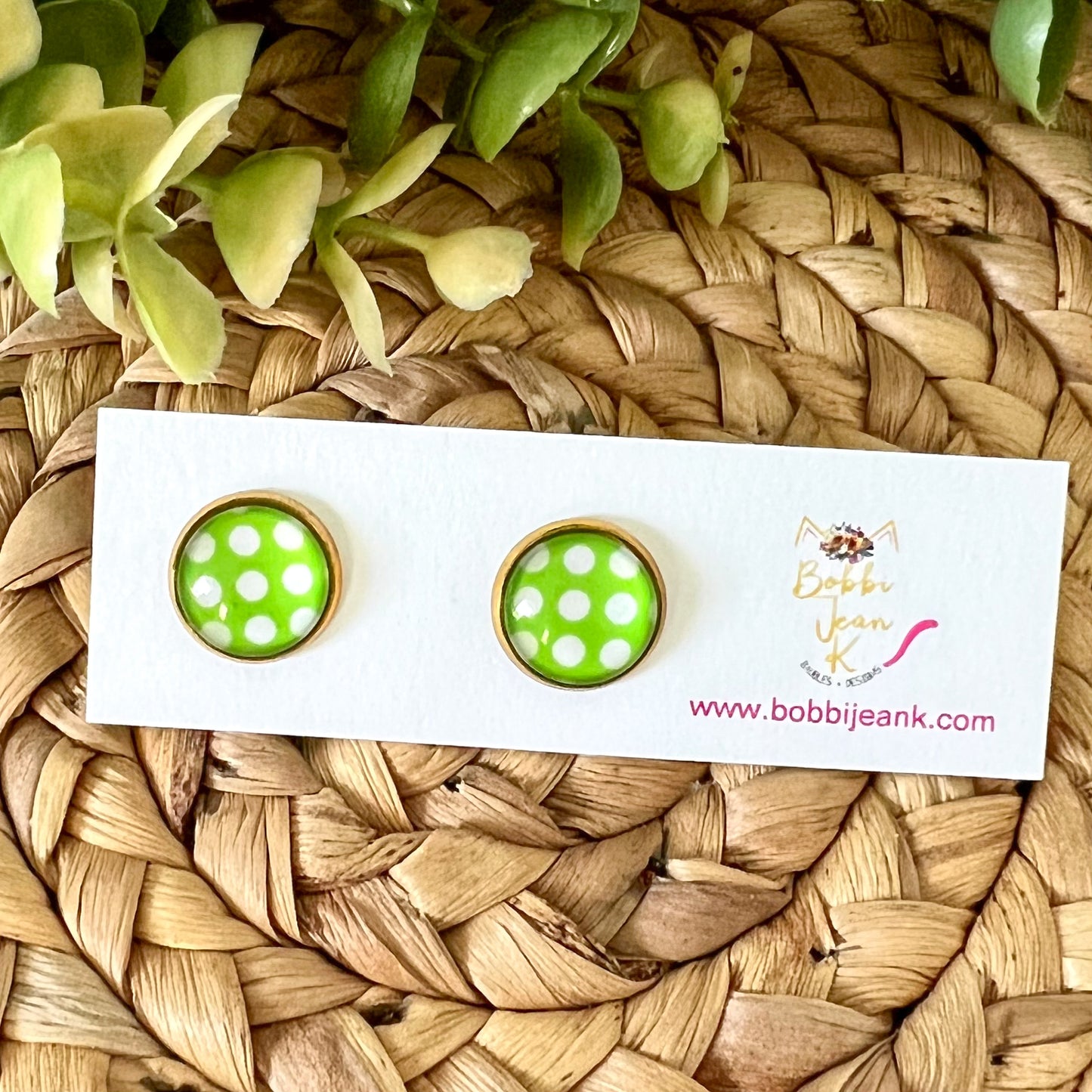 SALE: Bright Green Polka Dotted Glass Studs 12mm: Choose Silver or Gold Settings - ONLY 2 LEFT