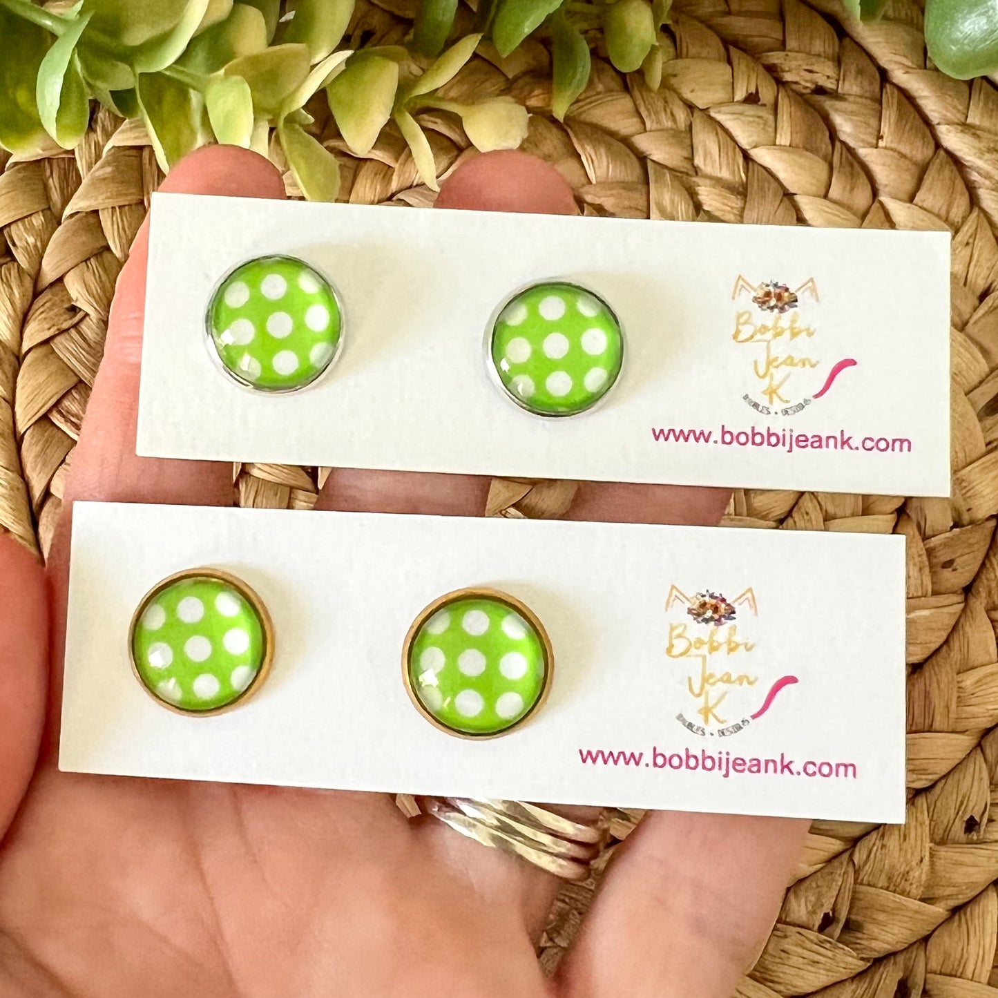 SALE: Bright Green Polka Dotted Glass Studs 12mm: Choose Silver or Gold Settings - ONLY 2 LEFT