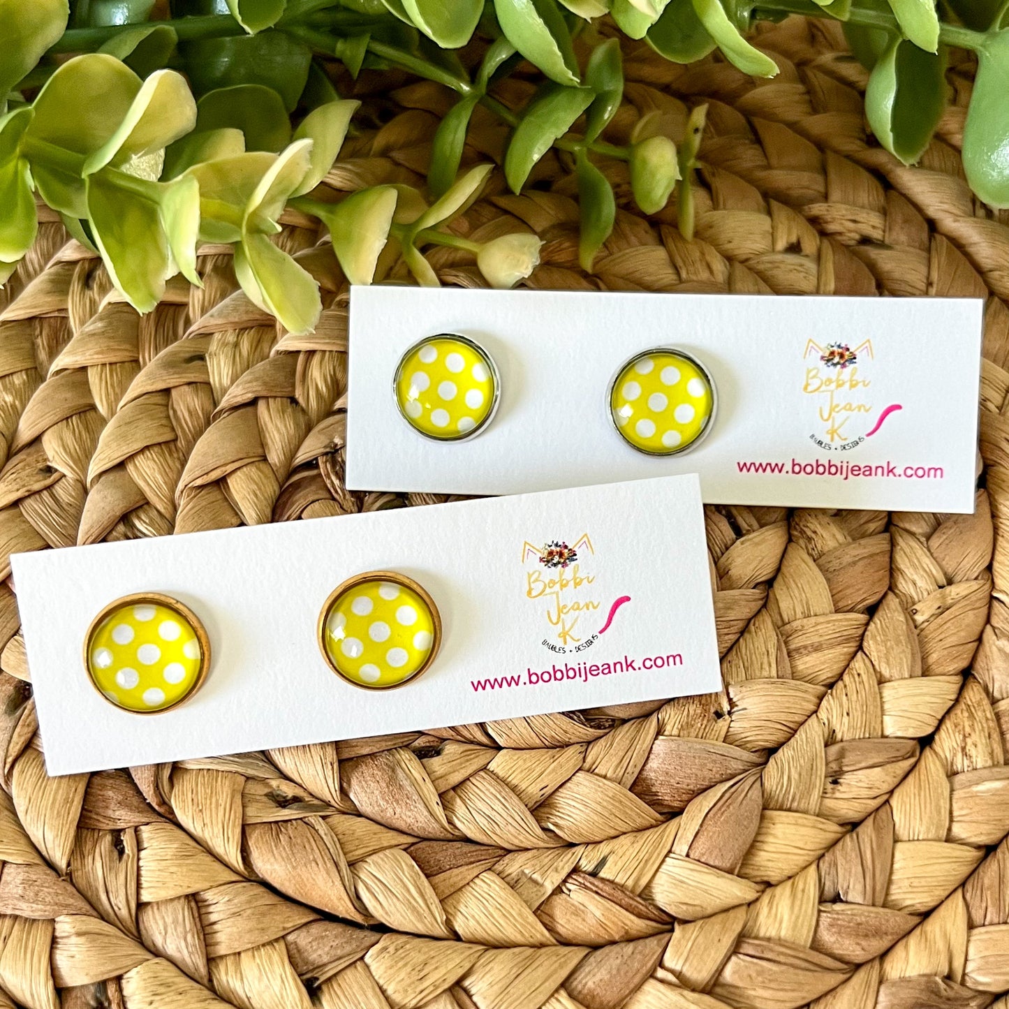 SALE: Yellow Polka Dotted Glass Studs 12mm: Choose Silver or Gold Settings - LAST CHANCE