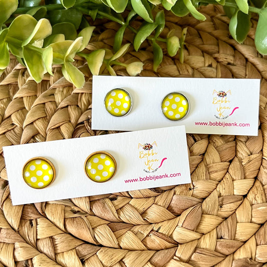 Yellow Polka Dotted Glass Studs 12mm: Choose Silver or Gold Settings