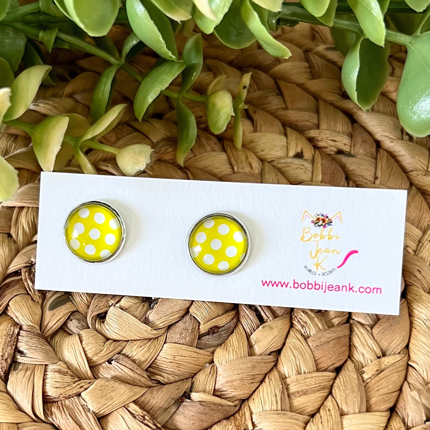 SALE: Yellow Polka Dotted Glass Studs 12mm: Choose Silver or Gold Settings - LAST CHANCE