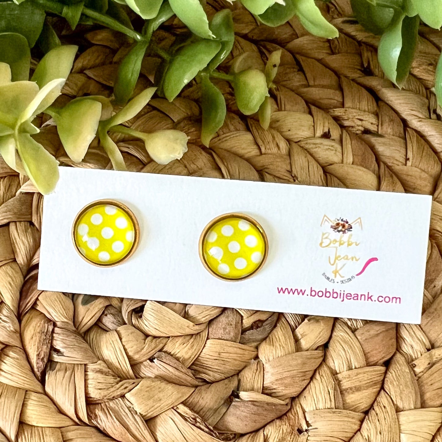 SALE: Yellow Polka Dotted Glass Studs 12mm: Choose Silver or Gold Settings - LAST CHANCE