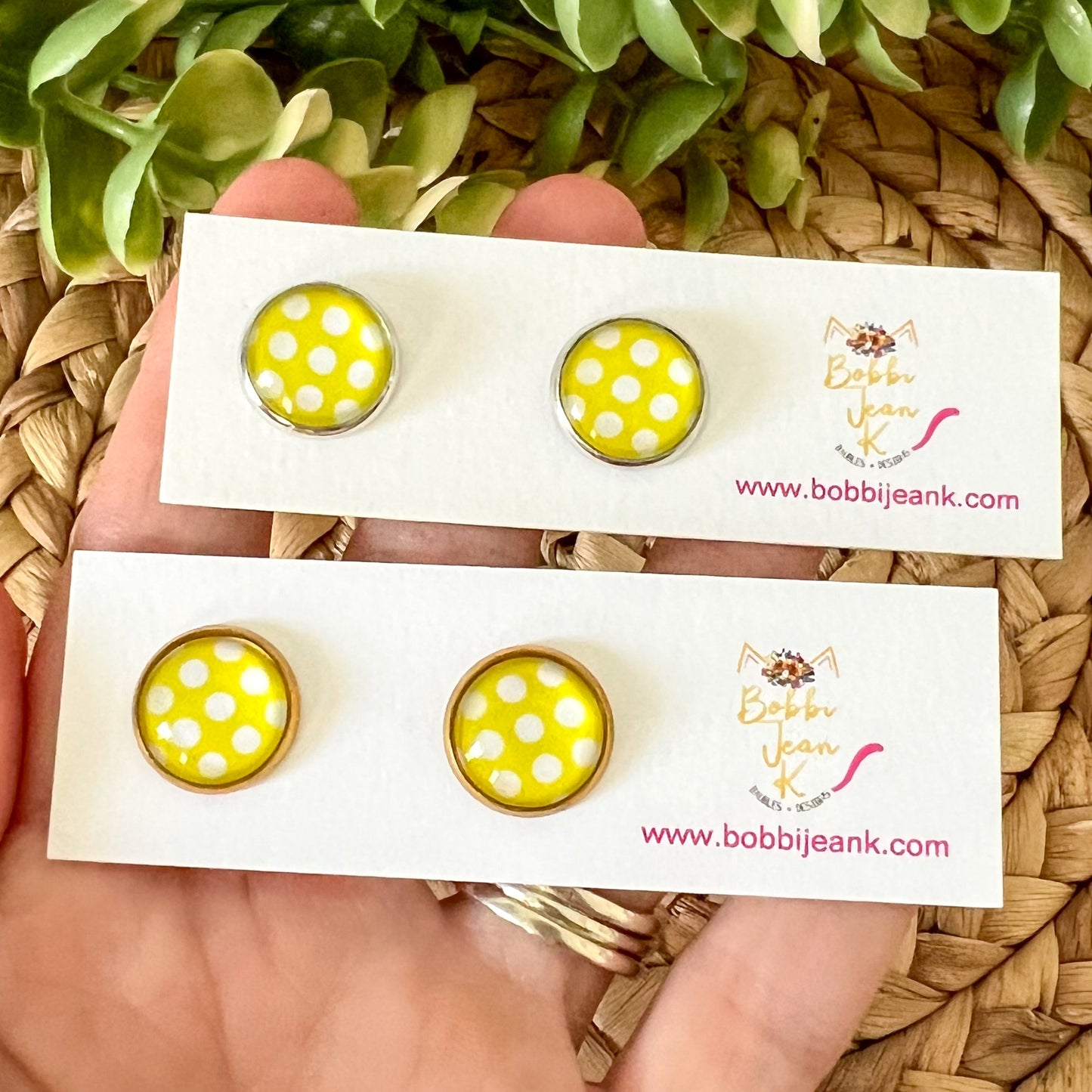 SALE: Yellow Polka Dotted Glass Studs 12mm: Choose Silver or Gold Settings - LAST CHANCE