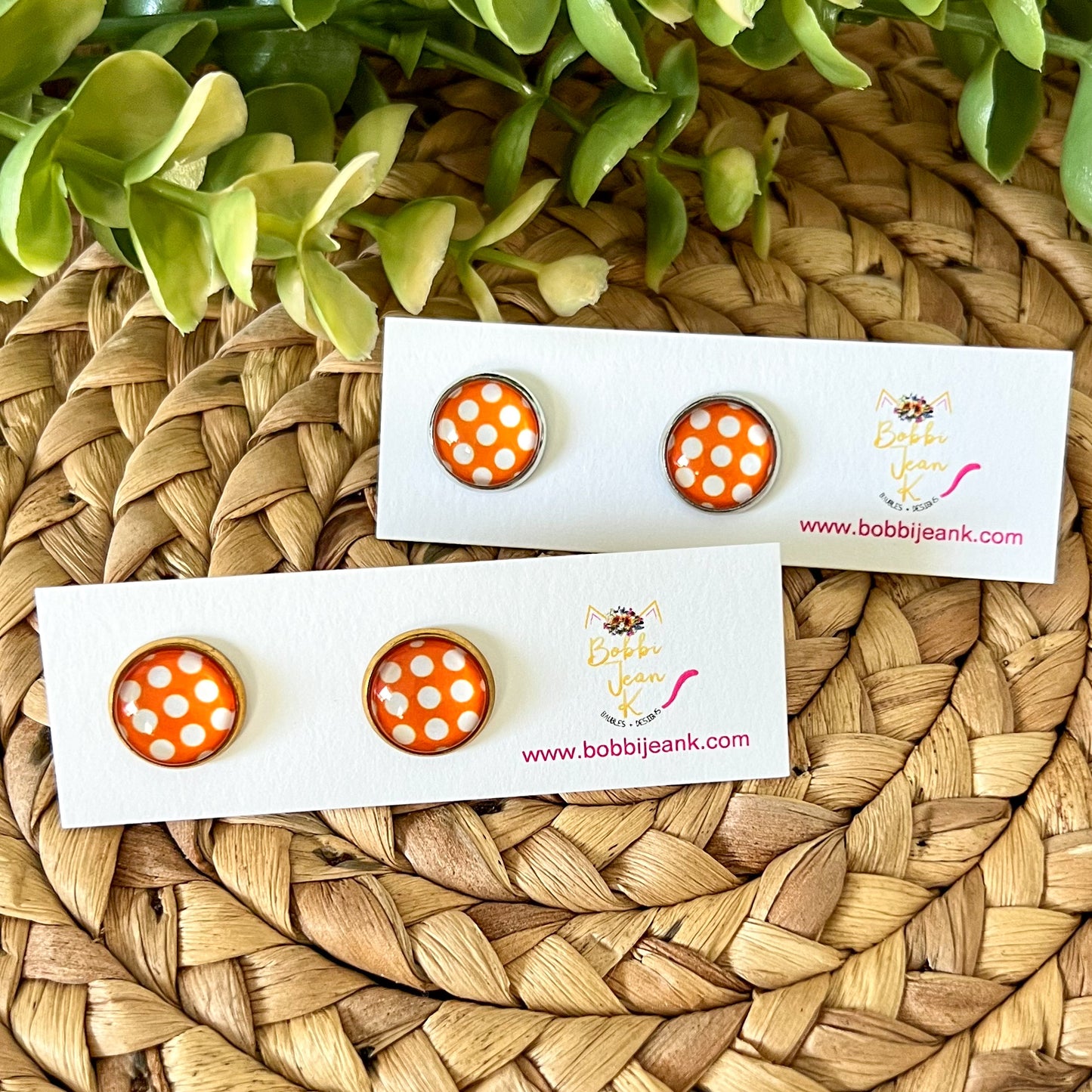 SALE: Orange Polka Dotted Glass Studs 12mm: Choose Silver or Gold Settings - ONLY 2 LEFT