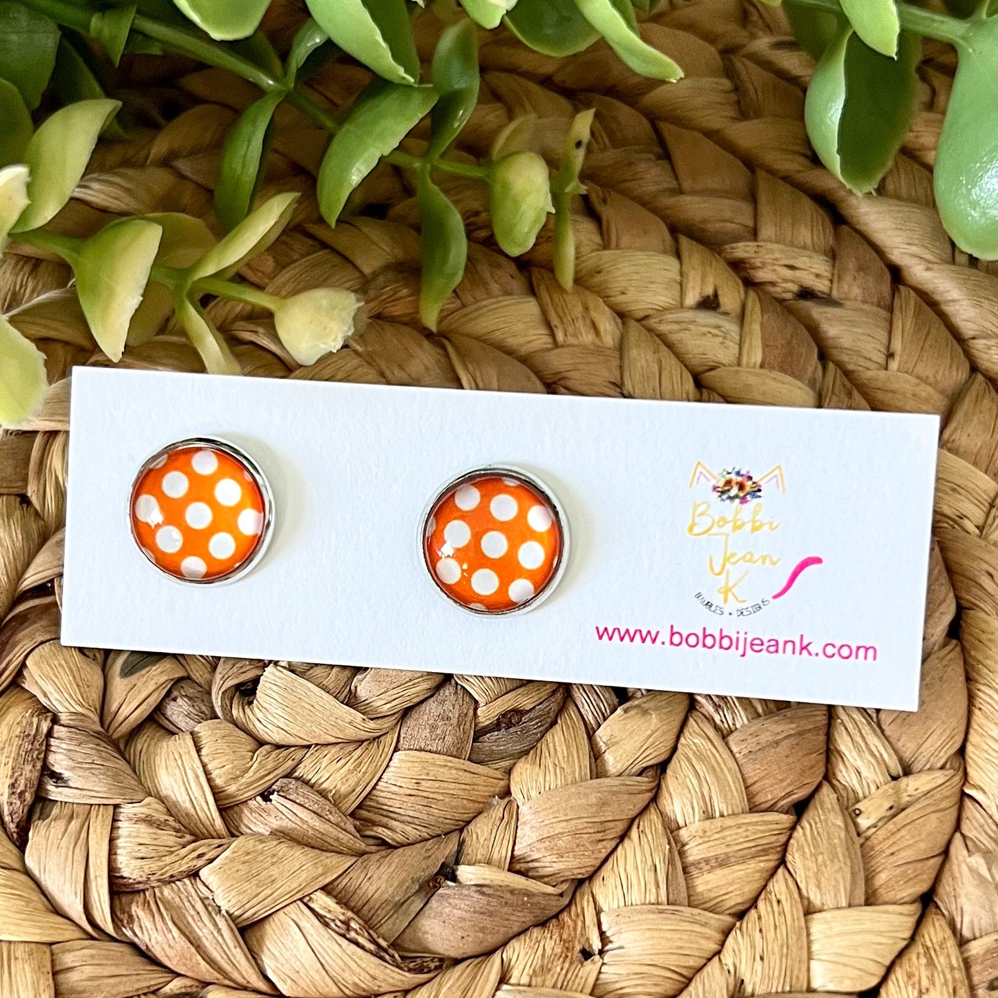 SALE: Orange Polka Dotted Glass Studs 12mm: Choose Silver or Gold Settings - ONLY 2 LEFT