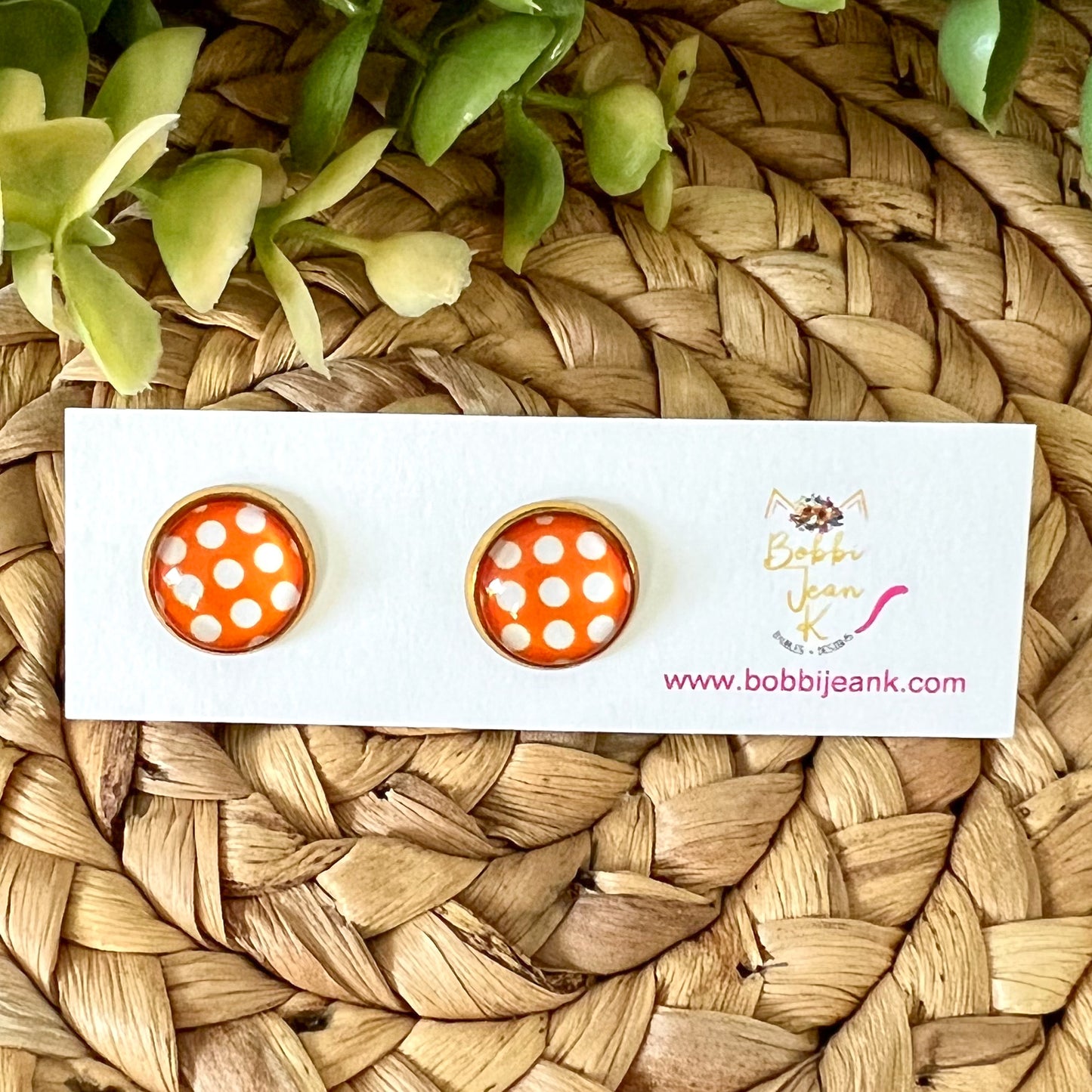 SALE: Orange Polka Dotted Glass Studs 12mm: Choose Silver or Gold Settings - ONLY 2 LEFT