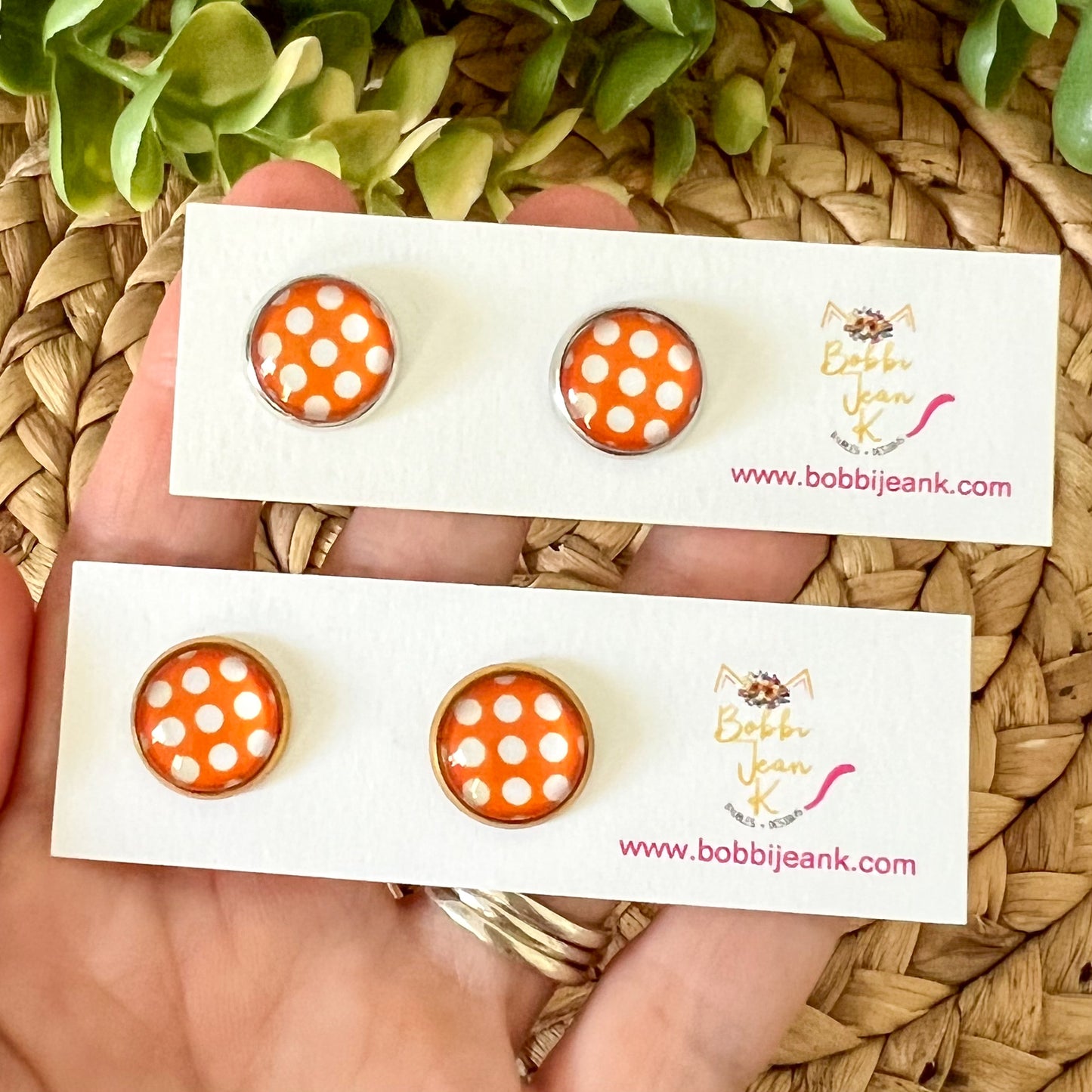 SALE: Orange Polka Dotted Glass Studs 12mm: Choose Silver or Gold Settings - ONLY 2 LEFT