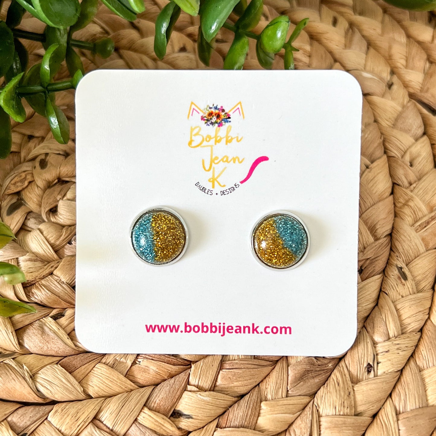 SALE: Blue & Gold Shimmer Studs 12mm: Choose Silver or Gold Settings - LAST CHANCE