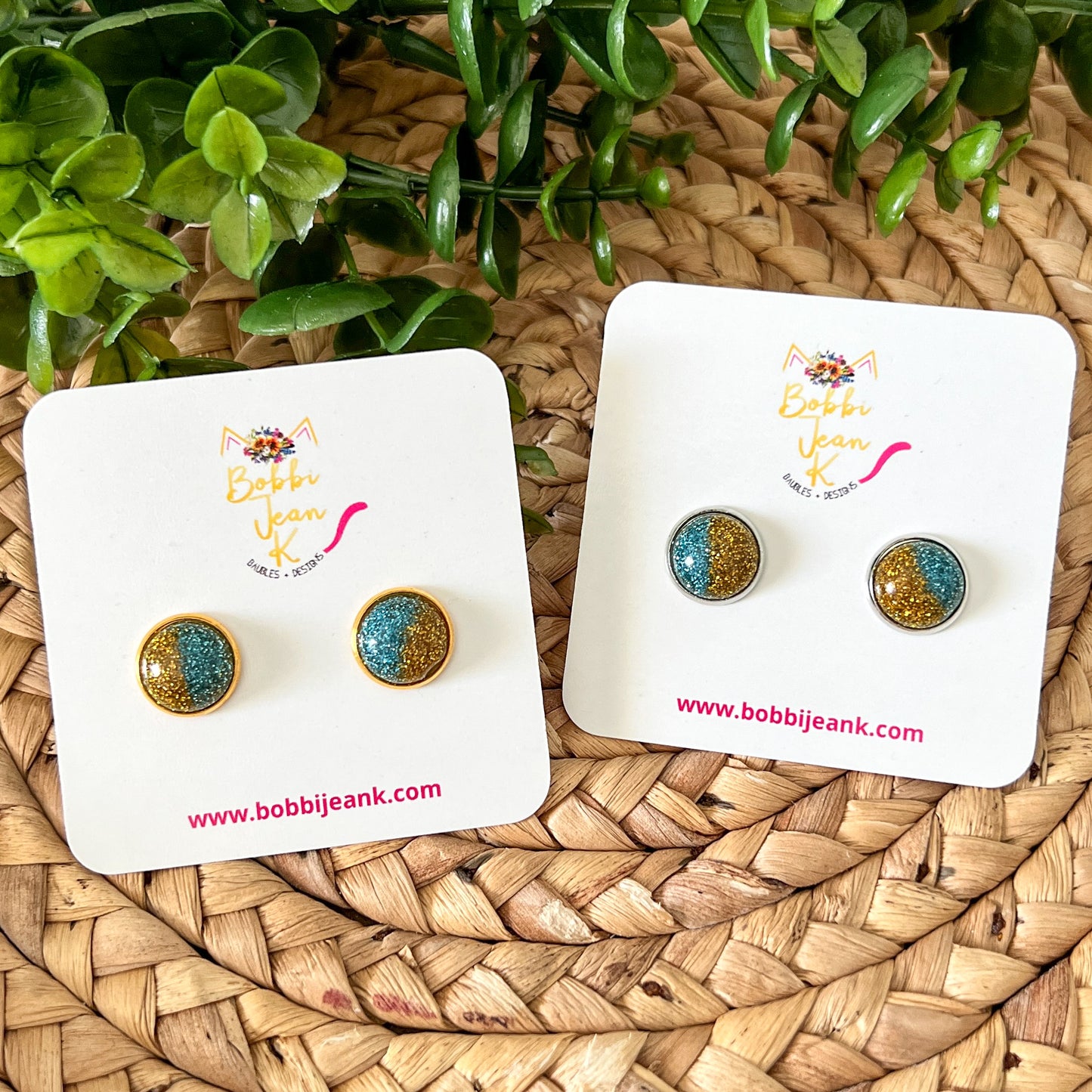 SALE: Blue & Gold Shimmer Studs 12mm: Choose Silver or Gold Settings - LAST CHANCE