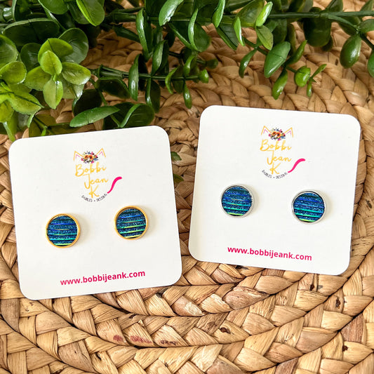 SALE: Iridescent Midnight Blue "Striped" Faux Druzy Studs 12mm: Choose Silver or Gold Settings