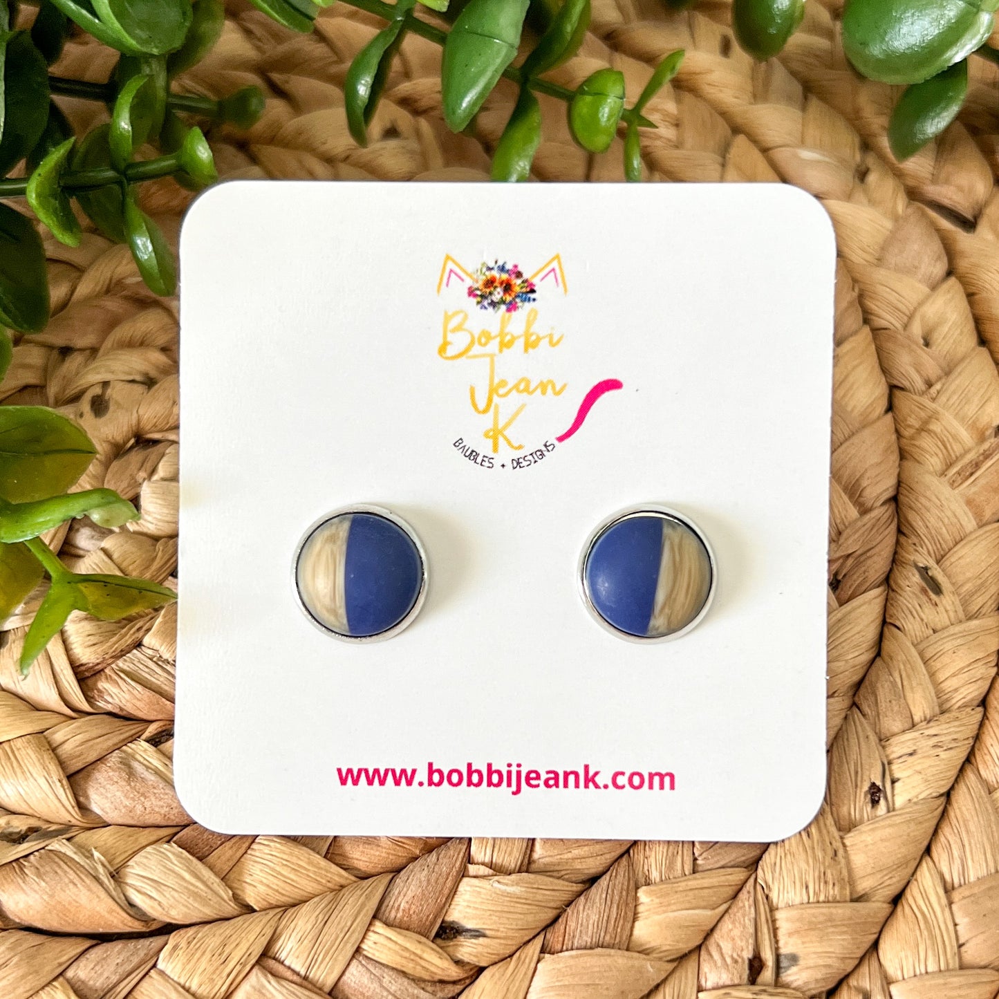 SALE: Navy Blue Wood & Resin Studs 12mm: Choose Silver or Gold Settings - LAST CHANCE