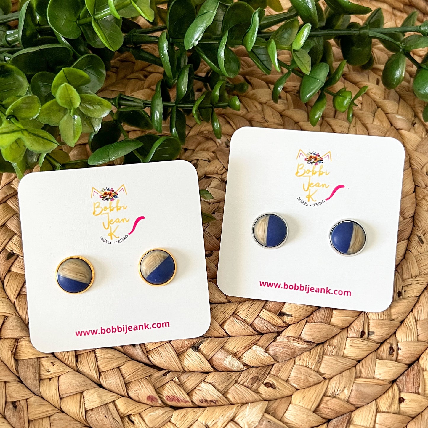 SALE: Navy Blue Wood & Resin Studs 12mm: Choose Silver or Gold Settings - LAST CHANCE