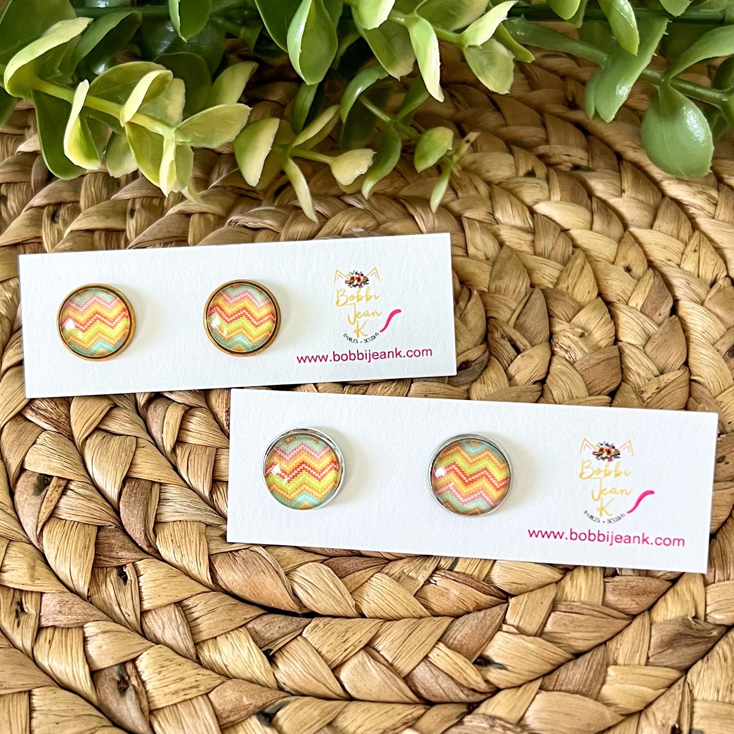 SALE: Beach Chevron Glass Studs 12mm: Choose Silver or Gold Settings - LAST CHANCE