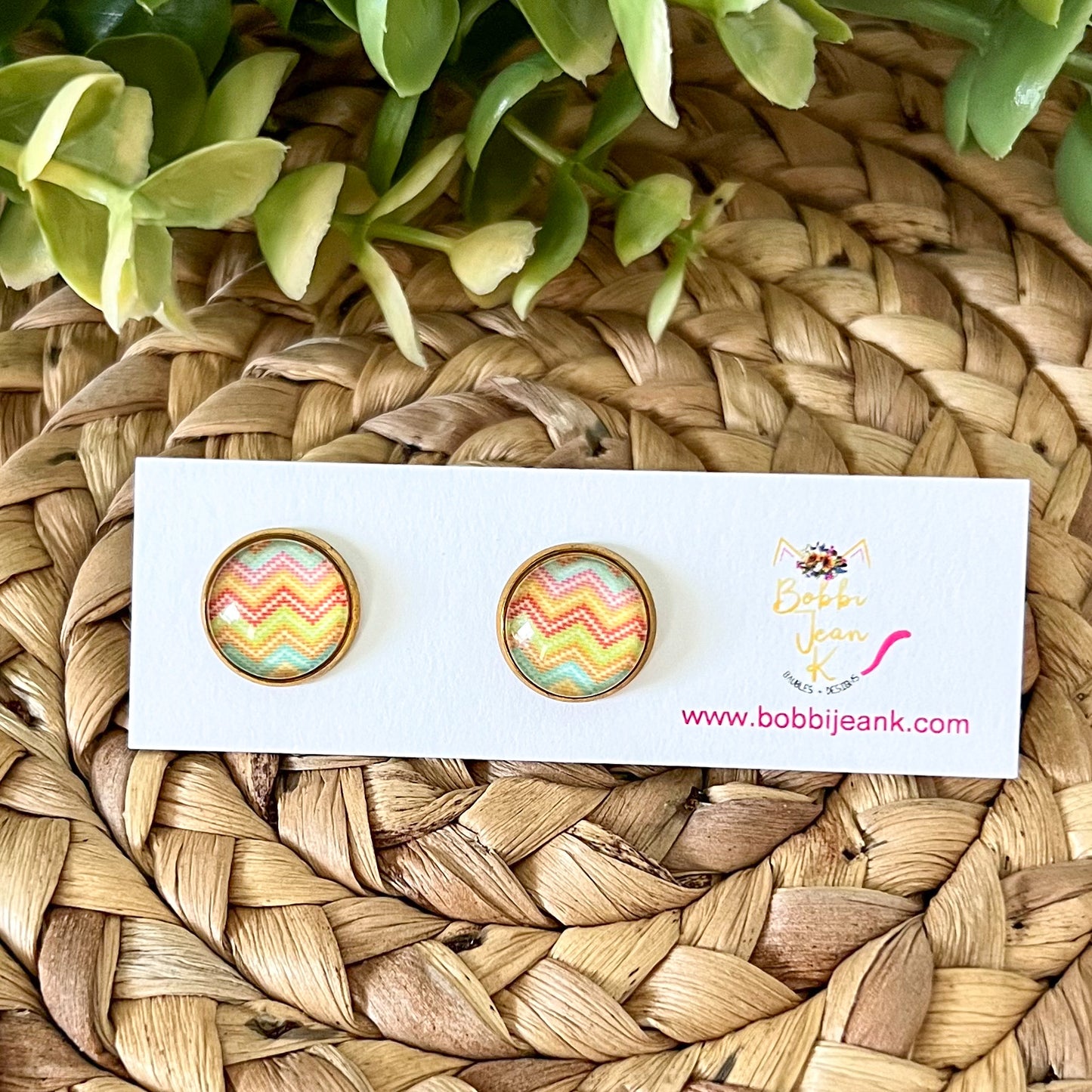 SALE: Beach Chevron Glass Studs 12mm: Choose Silver or Gold Settings - LAST CHANCE