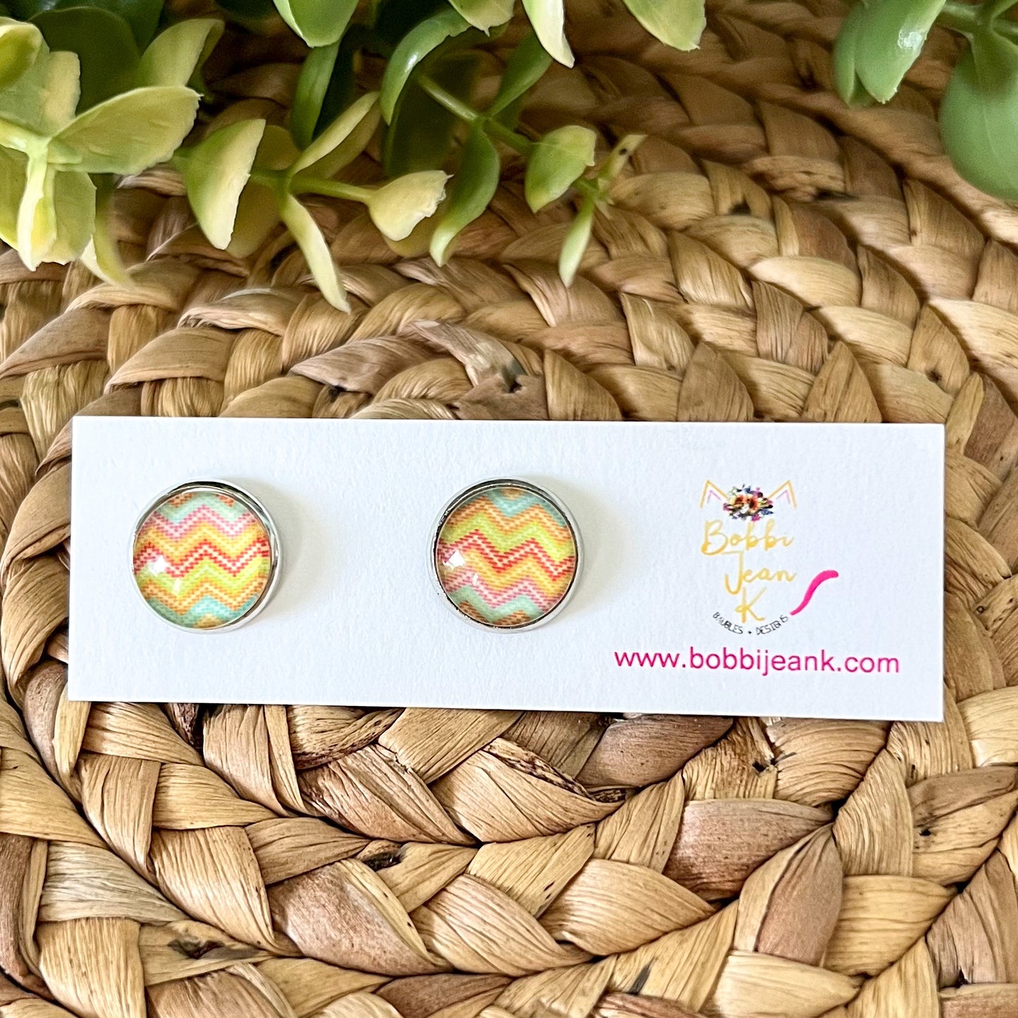 SALE: Beach Chevron Glass Studs 12mm: Choose Silver or Gold Settings - LAST CHANCE