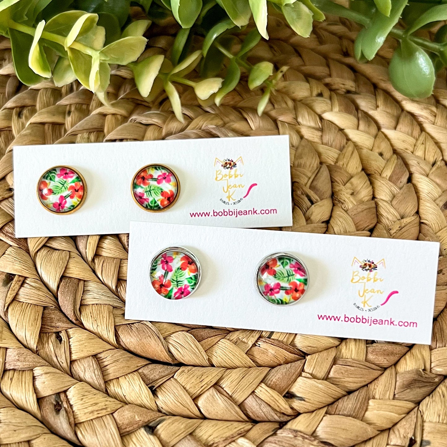 SALE: Tropical Hibiscus Glass Studs 12mm: Choose Silver or Gold Settings - LAST CHANCE