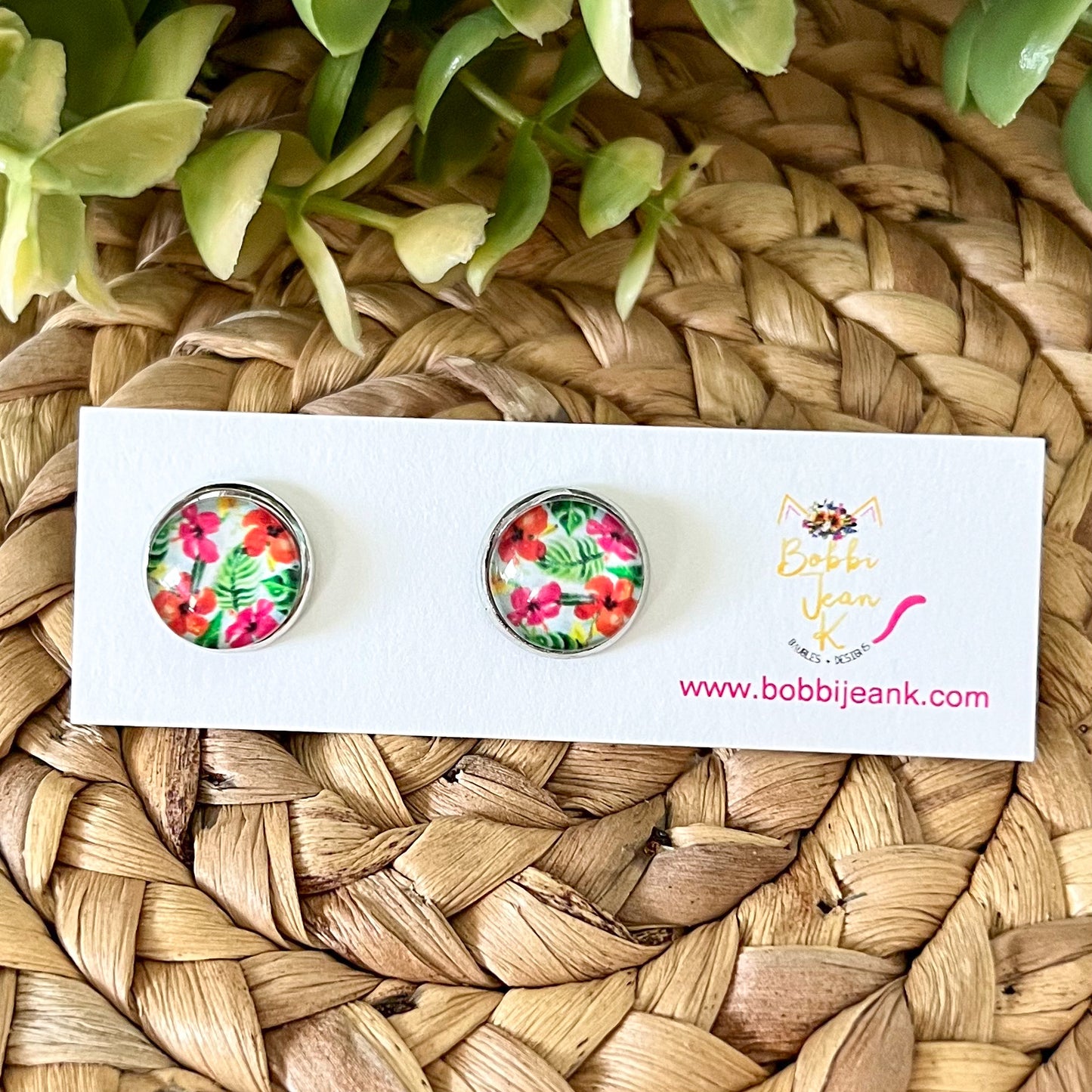 SALE: Tropical Hibiscus Glass Studs 12mm: Choose Silver or Gold Settings - LAST CHANCE