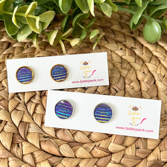 SALE: Iridescent Purple "Striped" Faux Druzy Studs 12mm: Choose Silver or Gold Settings