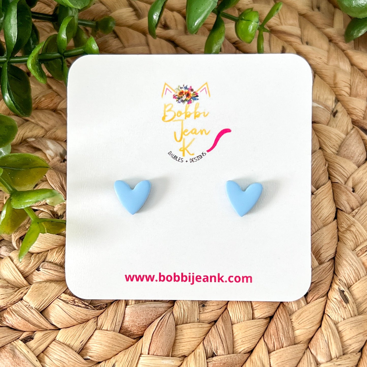 Baby Blue Clay Heart Studs: Choose 12mm or 8mm Size Options - LAST CHANCE