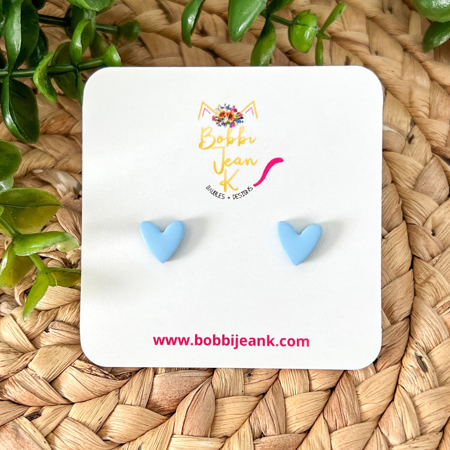 Baby Blue Clay Heart Studs: Choose 12mm or 8mm Size Options