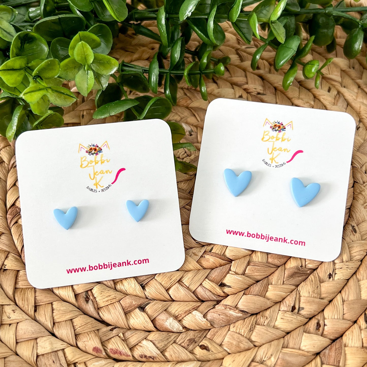Baby Blue Clay Heart Studs: Choose 12mm or 8mm Size Options - LAST CHANCE