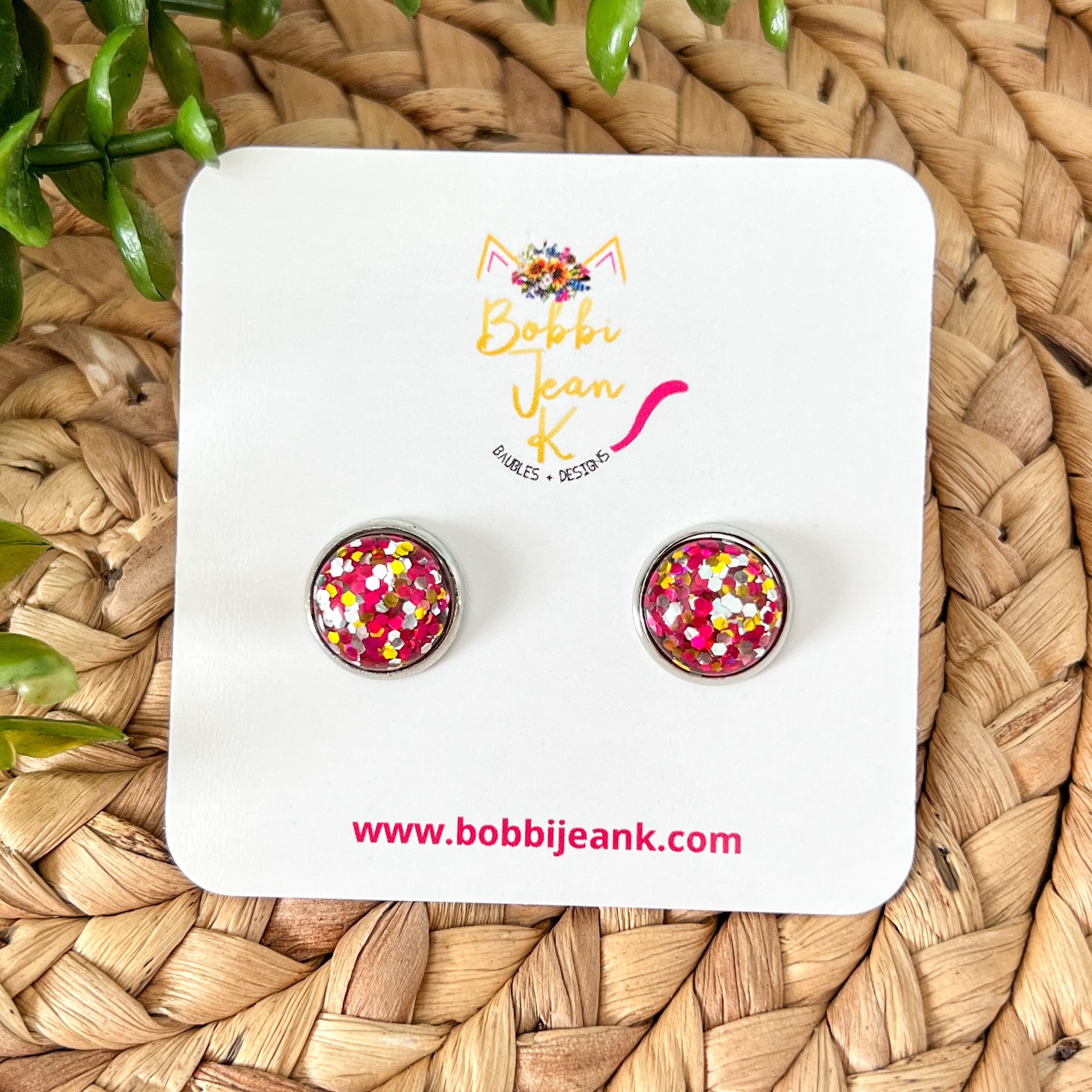 Pink & Red Multi Glitter Studs 12mm: Choose Silver or Gold Settings - LAST CHANCE