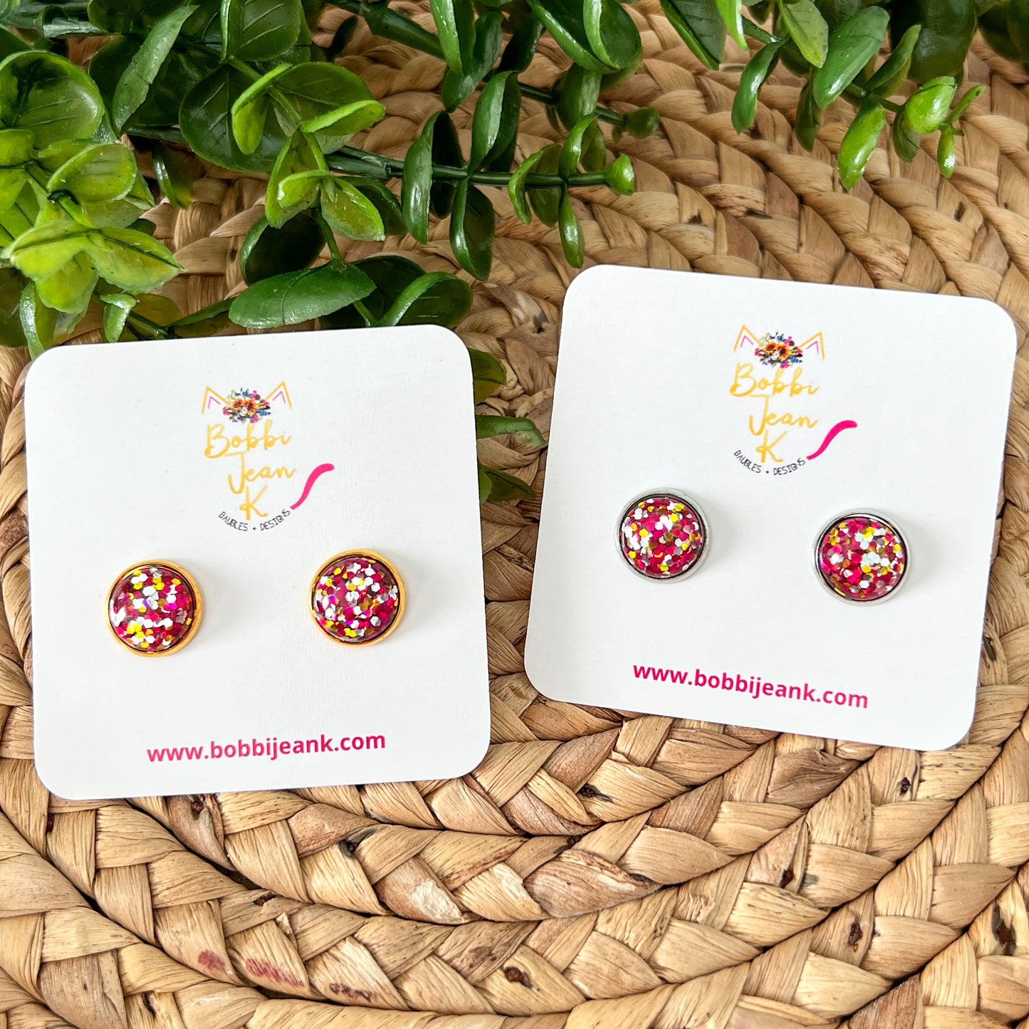Pink & Red Multi Glitter Studs 12mm: Choose Silver or Gold Settings - LAST CHANCE