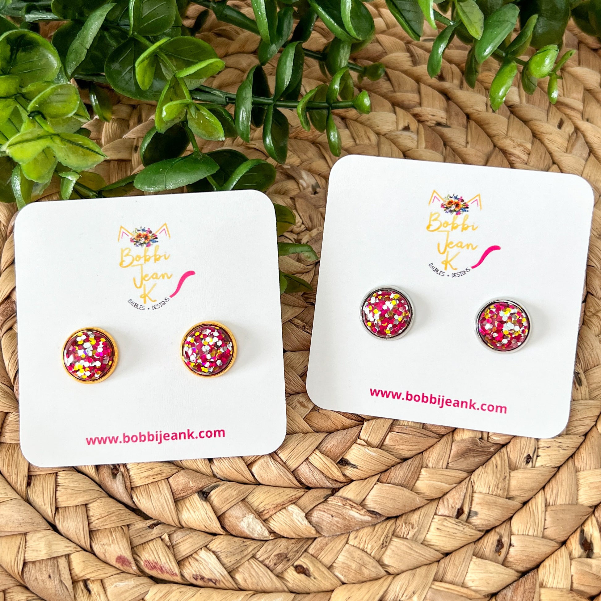 Pink & Red Multi Glitter Studs 12mm: Choose Silver or Gold Settings - LAST CHANCE