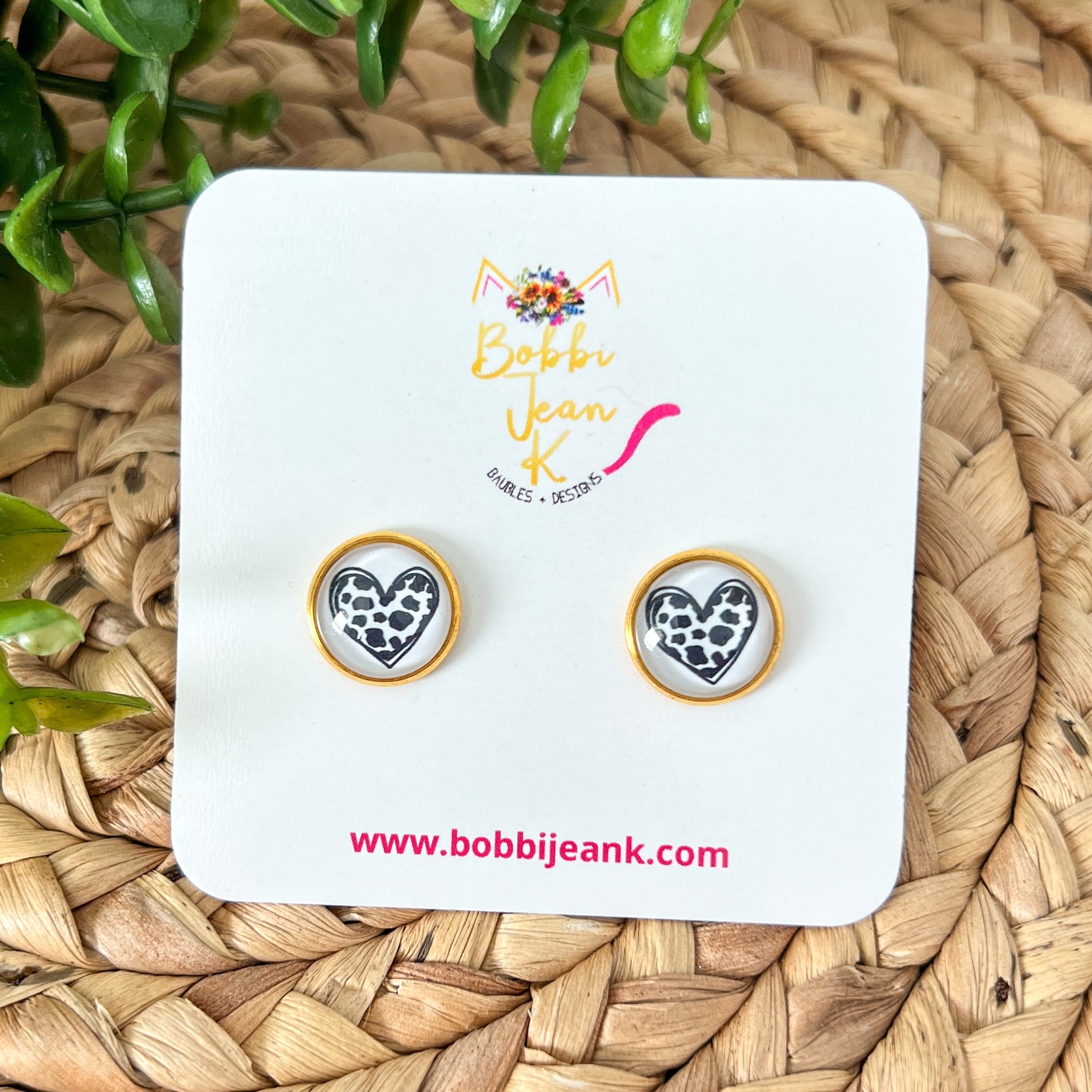 Cow Print Heart Glass Studs 12mm: Choose Silver or Gold Settings