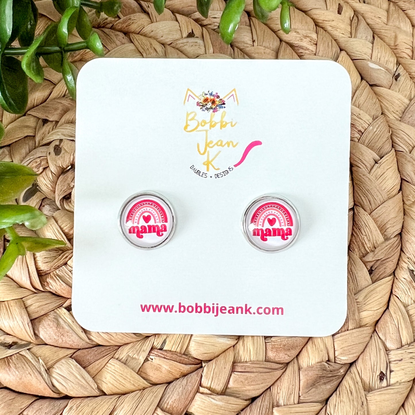 Mama Rainbow Heart Glass Studs 12mm: Choose Silver or Gold Settings