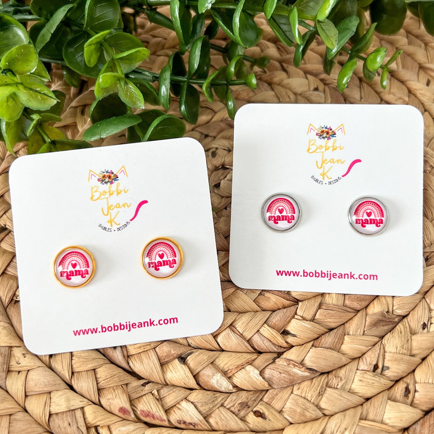 Mama Rainbow Heart Glass Studs 12mm: Choose Silver or Gold Settings