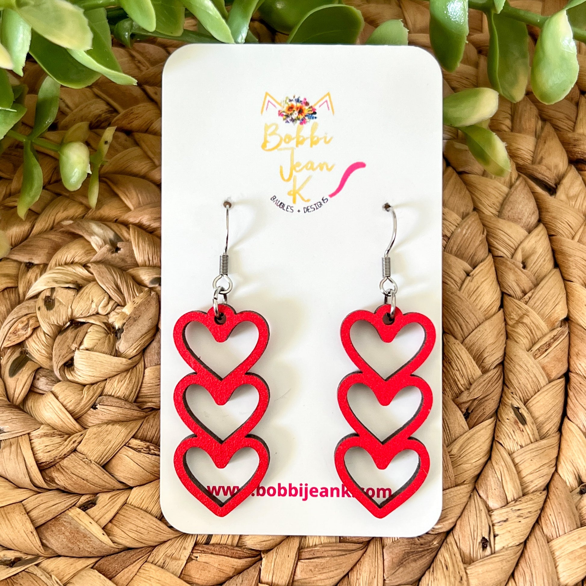Red Stacked Heart Wood Earrings: Choose From 3 Designs