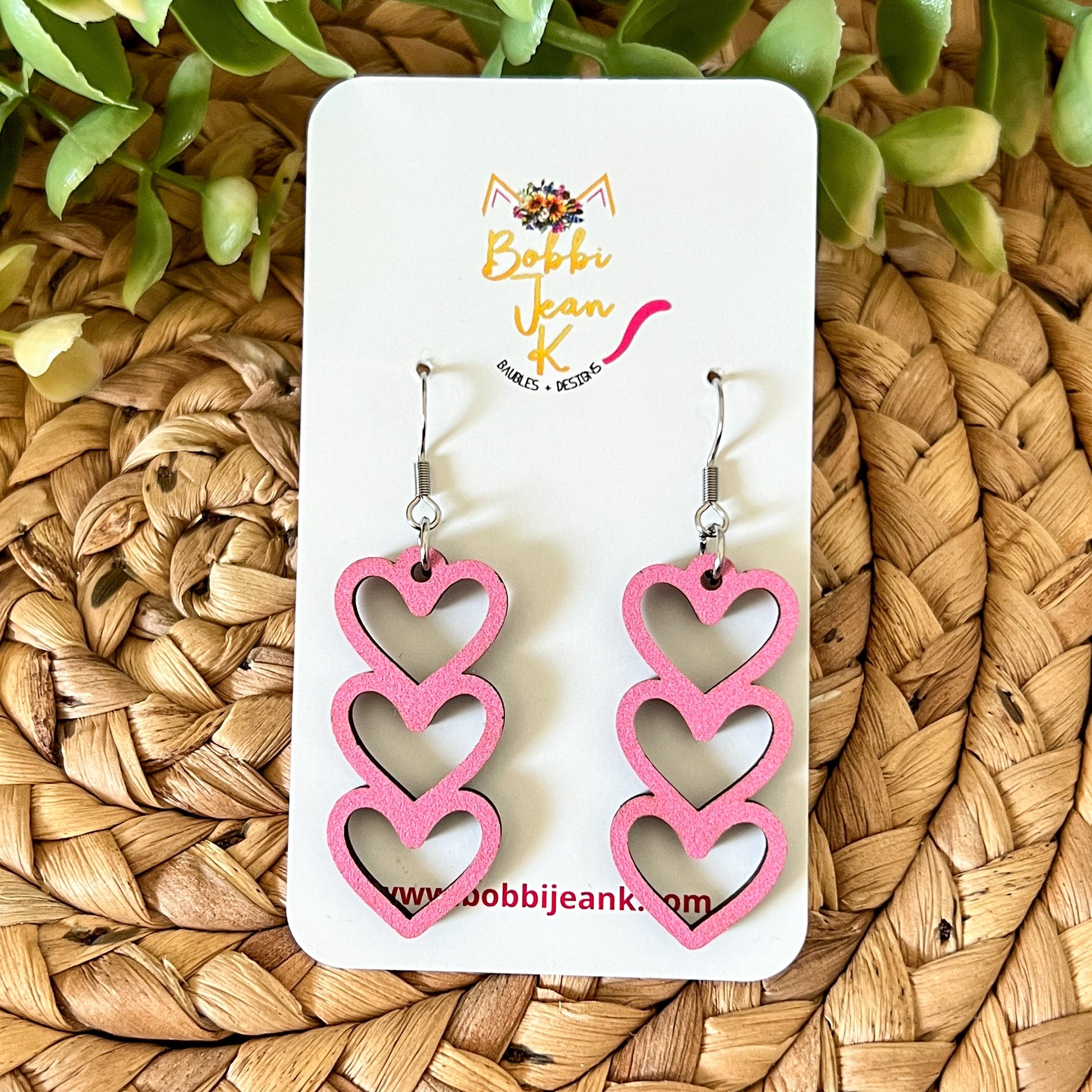 Light Pink Stacked Heart Wood Earrings: Choose From 3 Designs