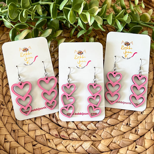 Light Pink Stacked Heart Wood Earrings: Choose From 3 Designs
