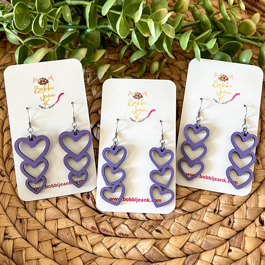 Purple Stacked Heart Wood Earrings: Choose From 3 Designs