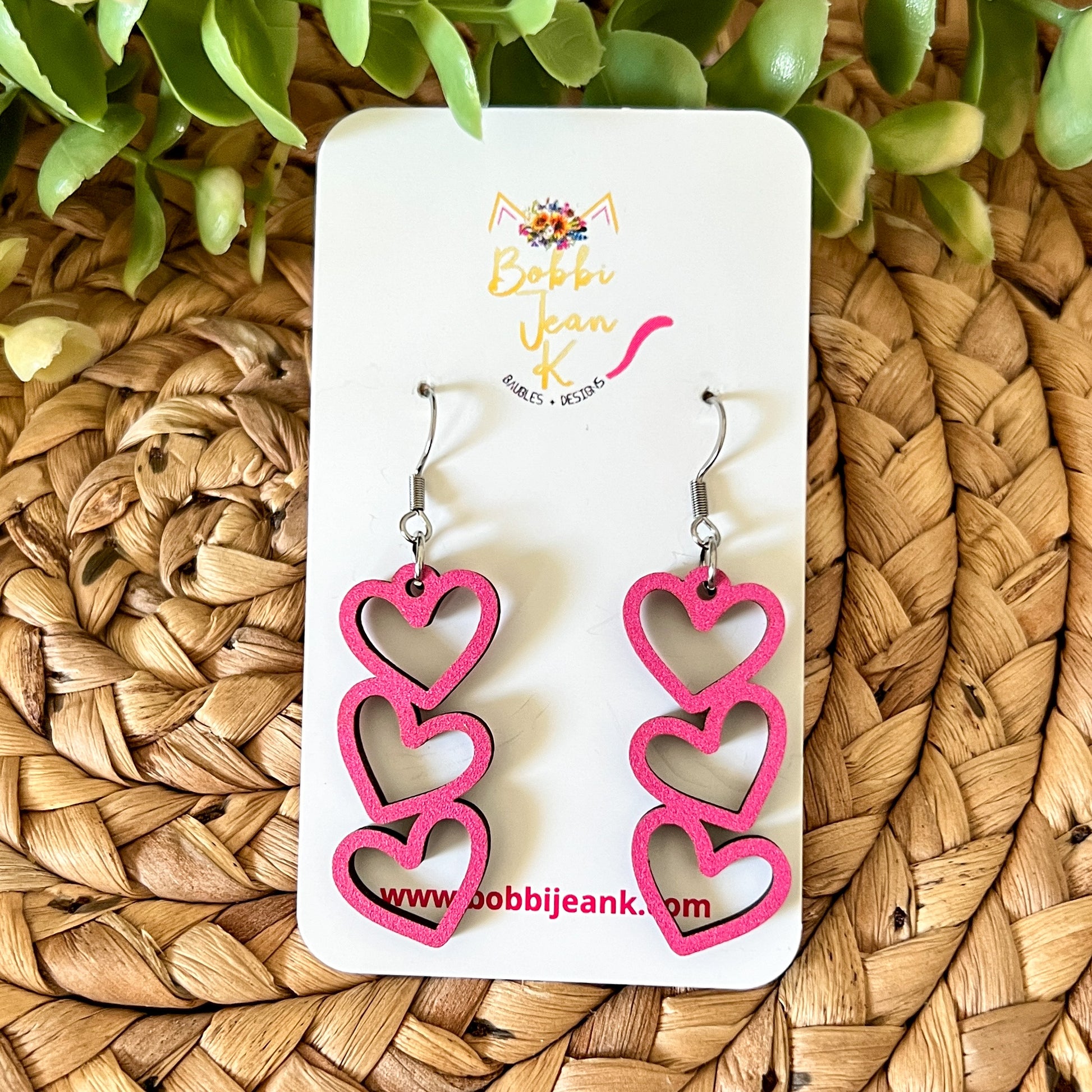 Bright Pink Stacked Heart Wood Earrings: Choose From 3 Designs