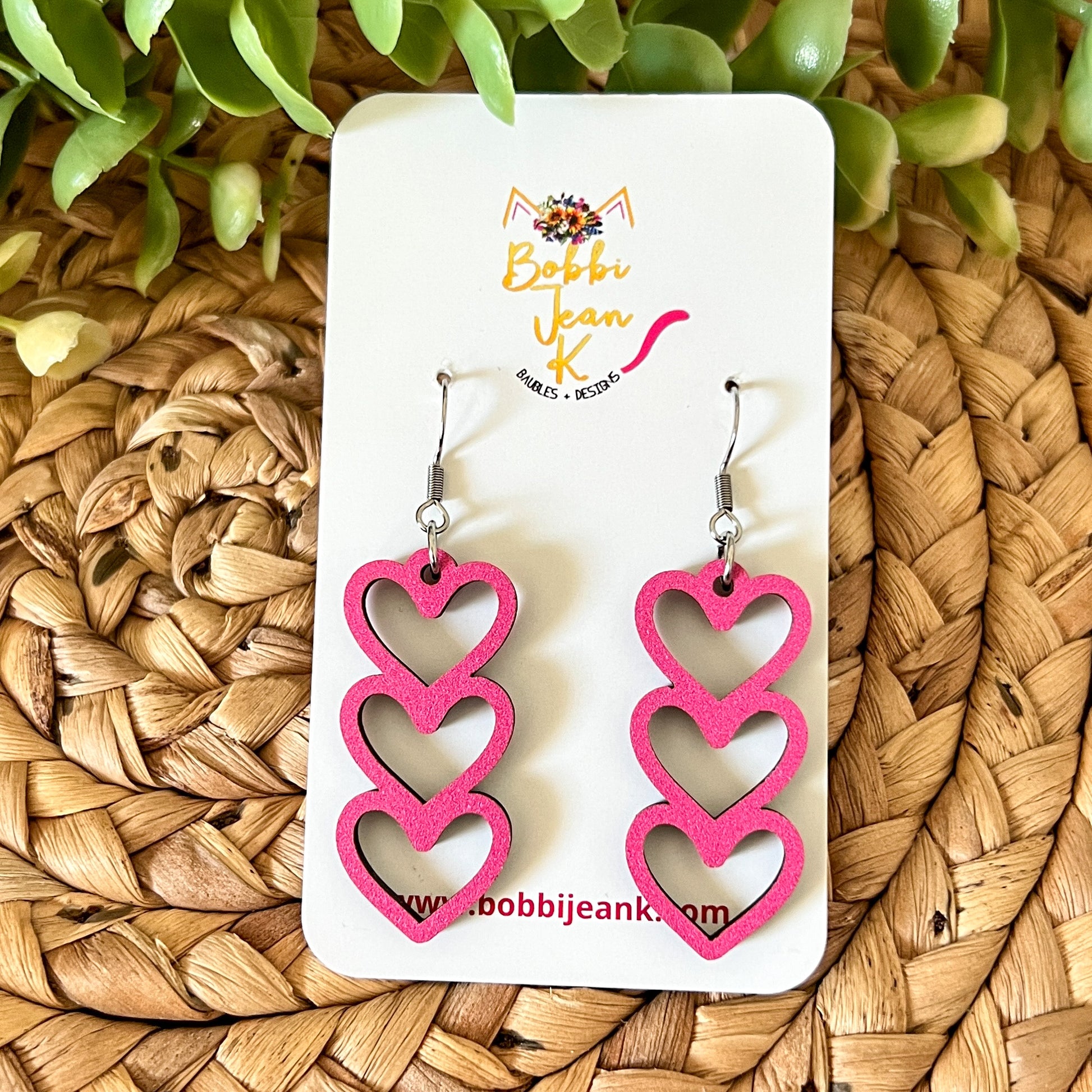 Bright Pink Stacked Heart Wood Earrings: Choose From 3 Designs