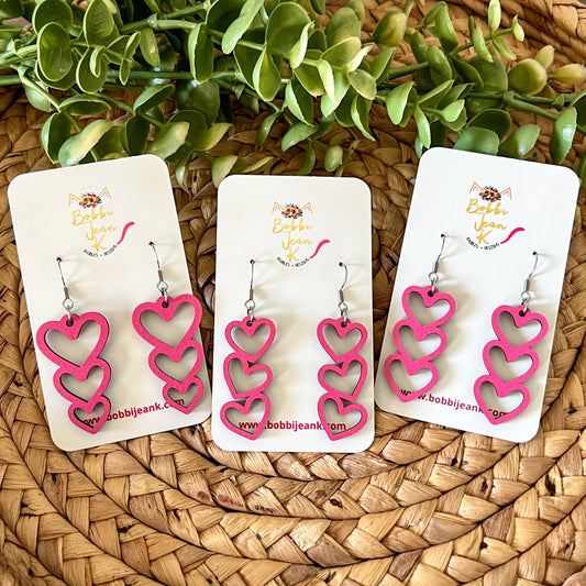 Bright Pink Stacked Heart Wood Earrings: Choose From 3 Designs
