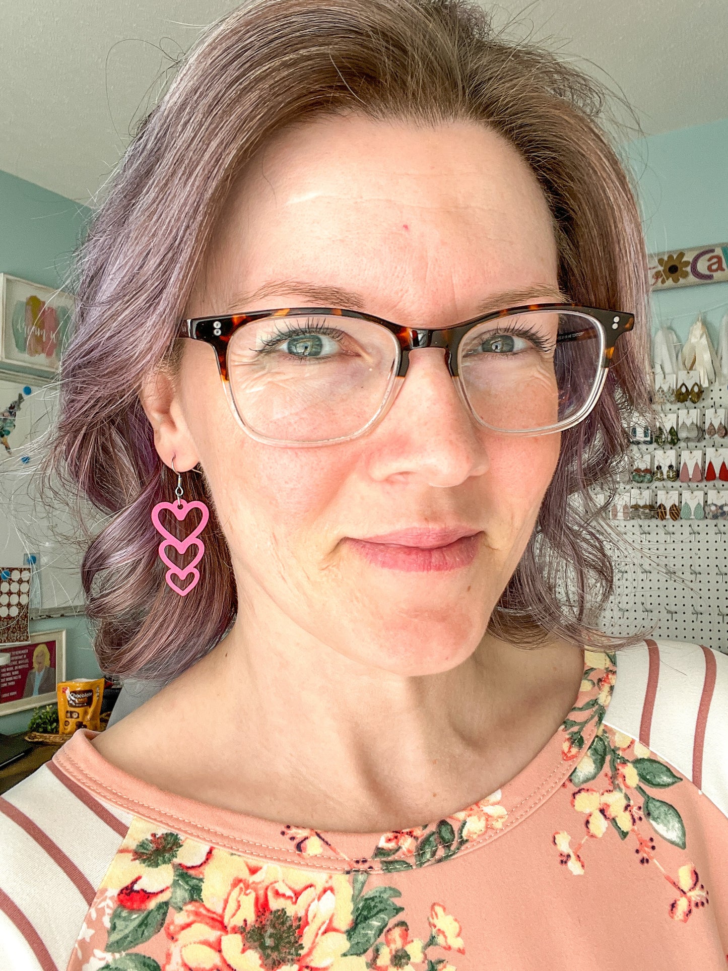 Bright Pink Stacked Heart Wood Earrings: Choose From 3 Designs
