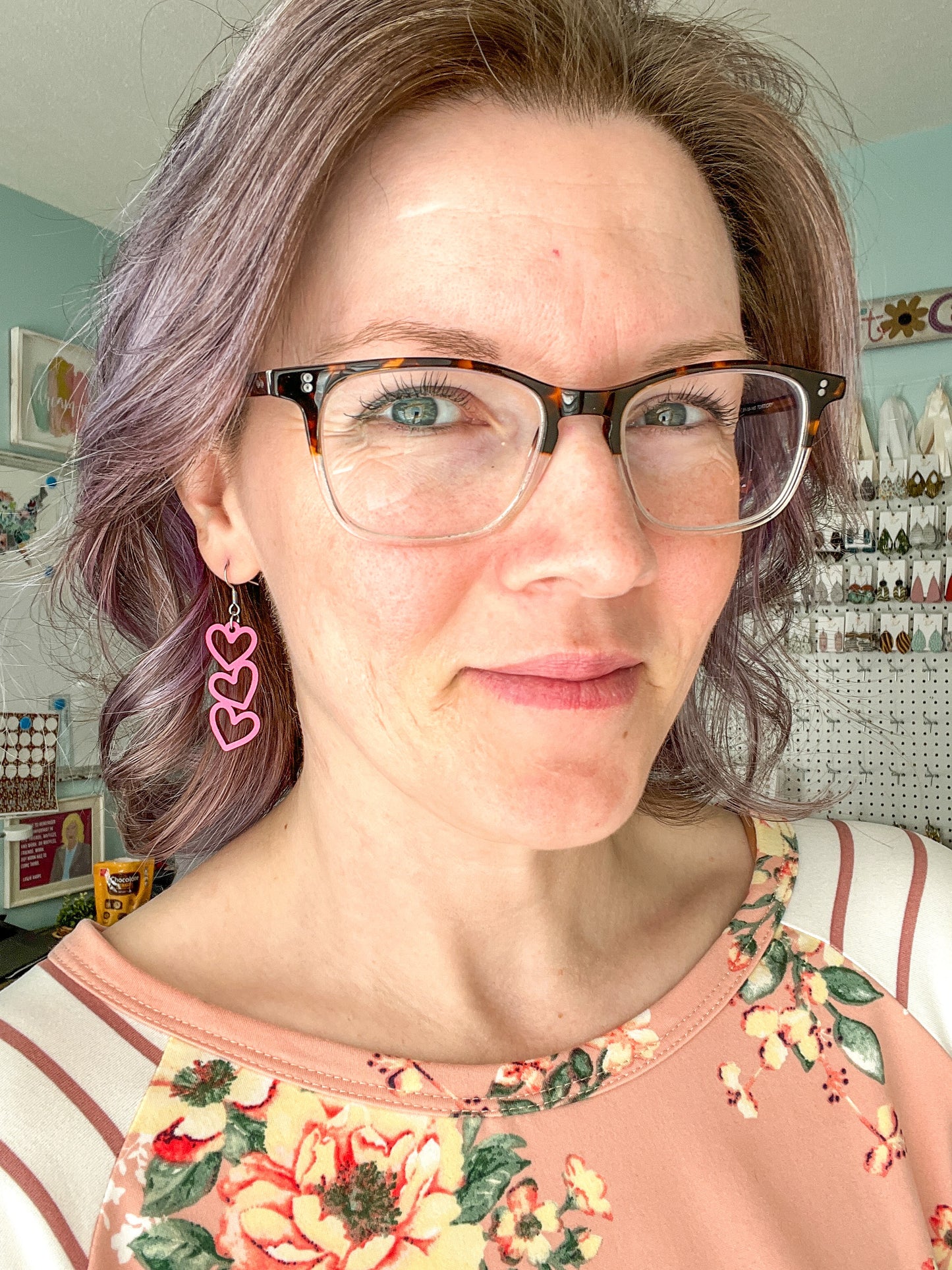 Bright Pink Stacked Heart Wood Earrings: Choose From 3 Designs