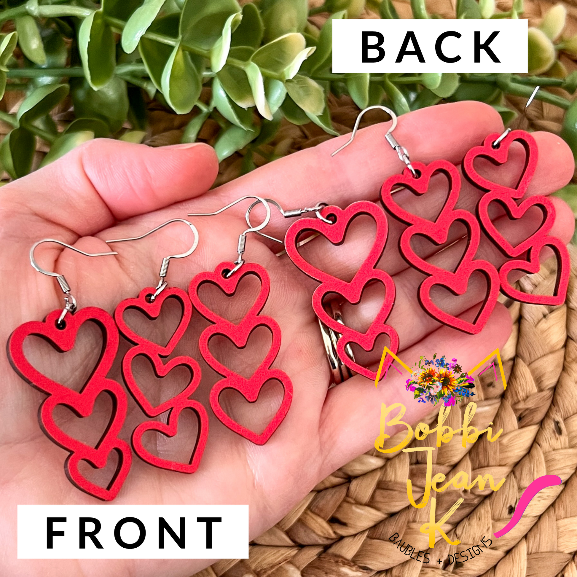 Red Stacked Heart Wood Earrings: Choose From 3 Designs