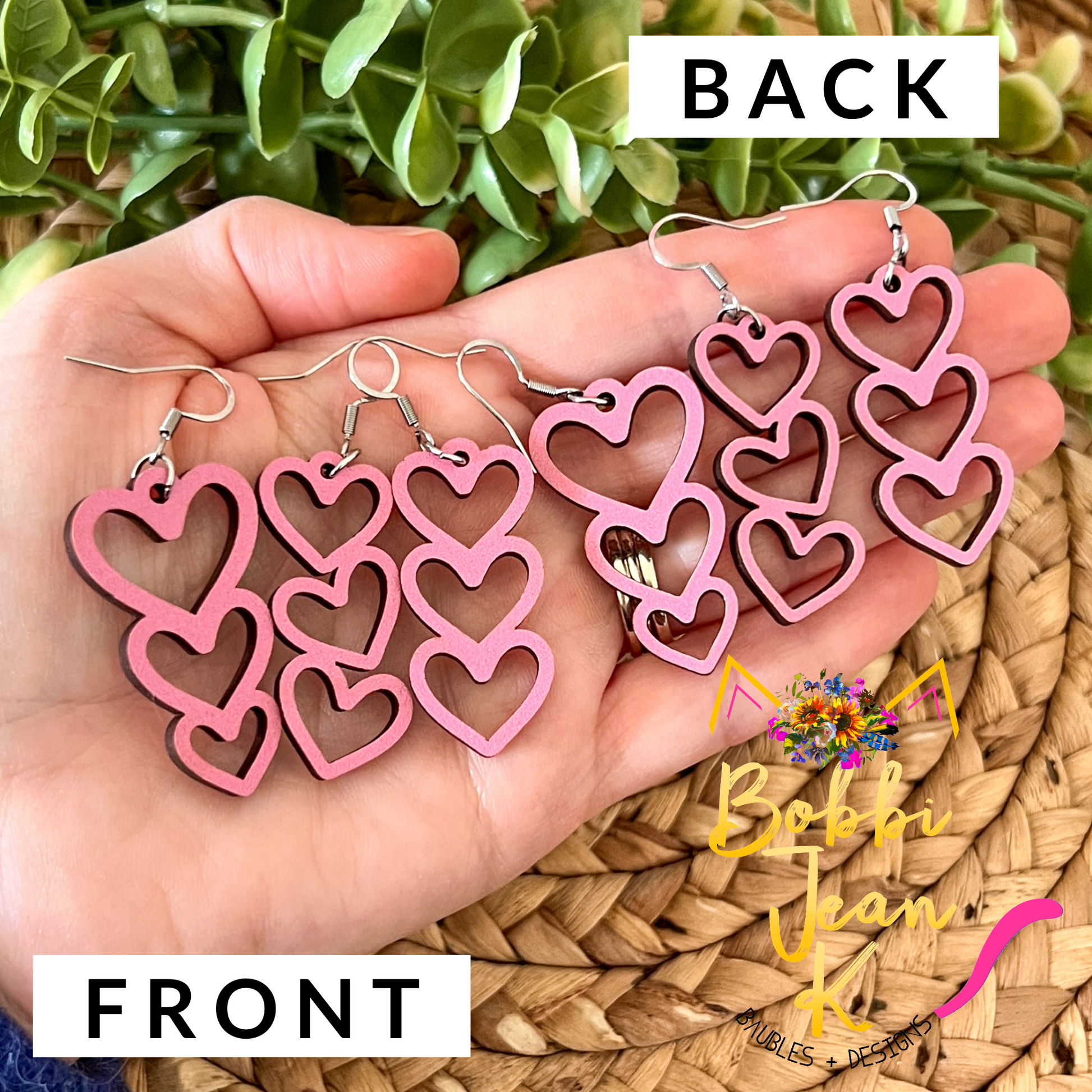 Light Pink Stacked Heart Wood Earrings: Choose From 3 Designs