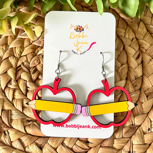 Apple & Pencil Hand Painted Wood Earrings