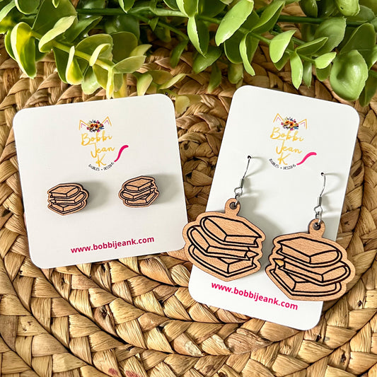 Stacked Books Wood Earrings: Choose From Dangles or Studs