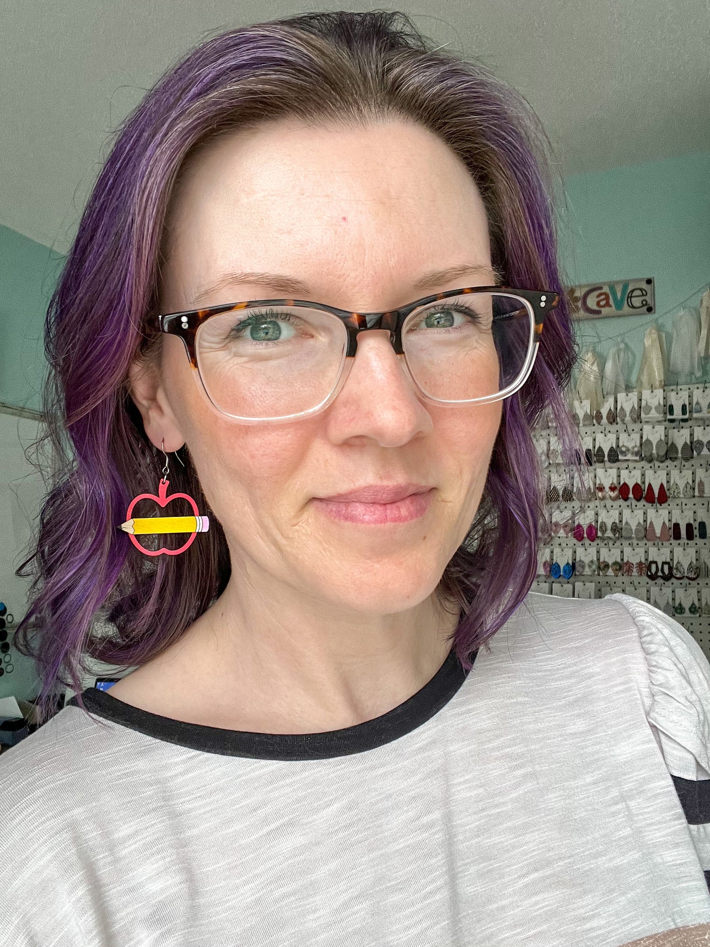 Apple & Pencil Hand Painted Wood Earrings