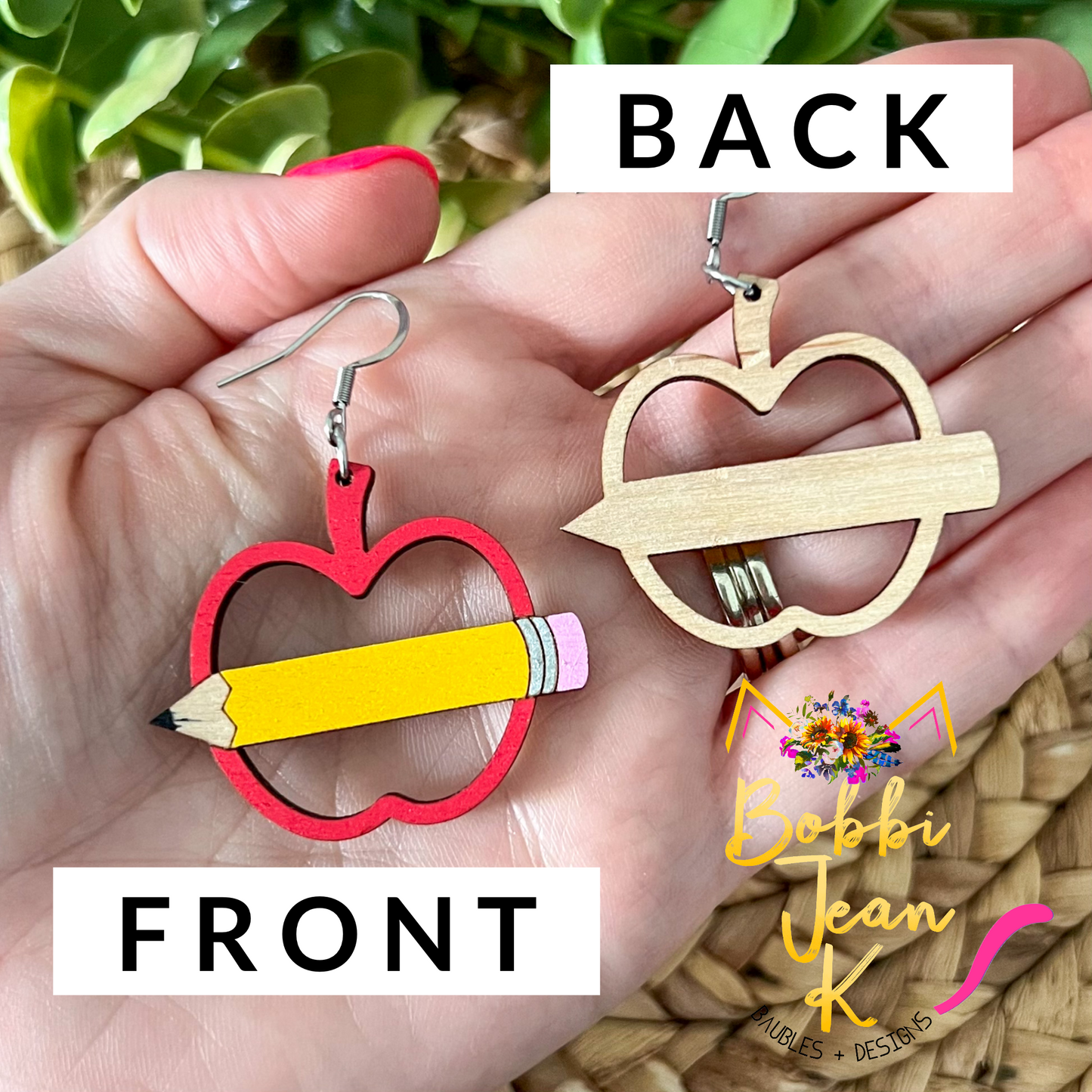 Apple & Pencil Hand Painted Wood Earrings