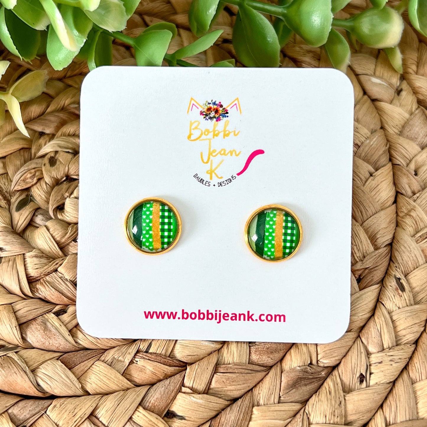 SALE: Green Patchwork Glass Studs 12mm: Choose Silver or Gold Settings - LAST CHANCE