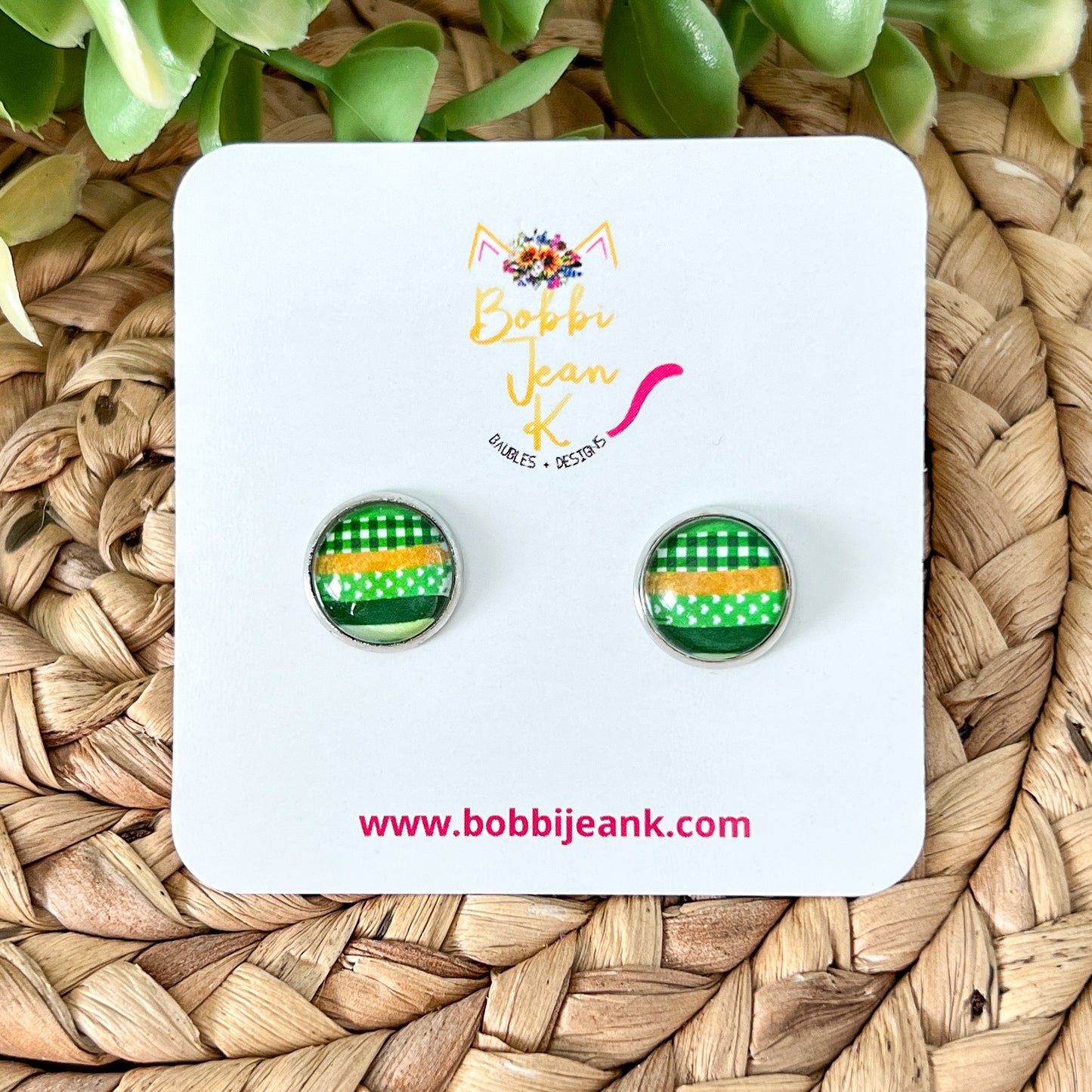 SALE: Green Patchwork Glass Studs 12mm: Choose Silver or Gold Settings - LAST CHANCE